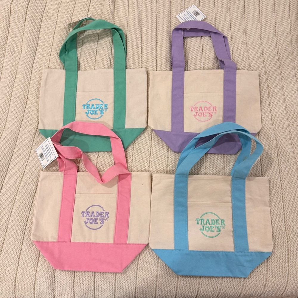 Trader Joe’s Mini Canvas Tote Bag — Set of 4 - Blue, Pink, Green, Purple